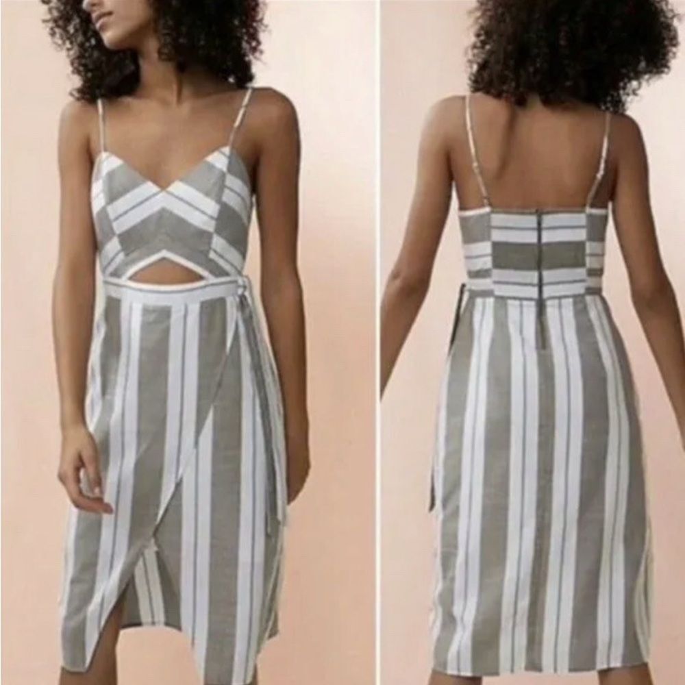 Express mocha and white striped cutout faux wrap cotton midi dress size 8